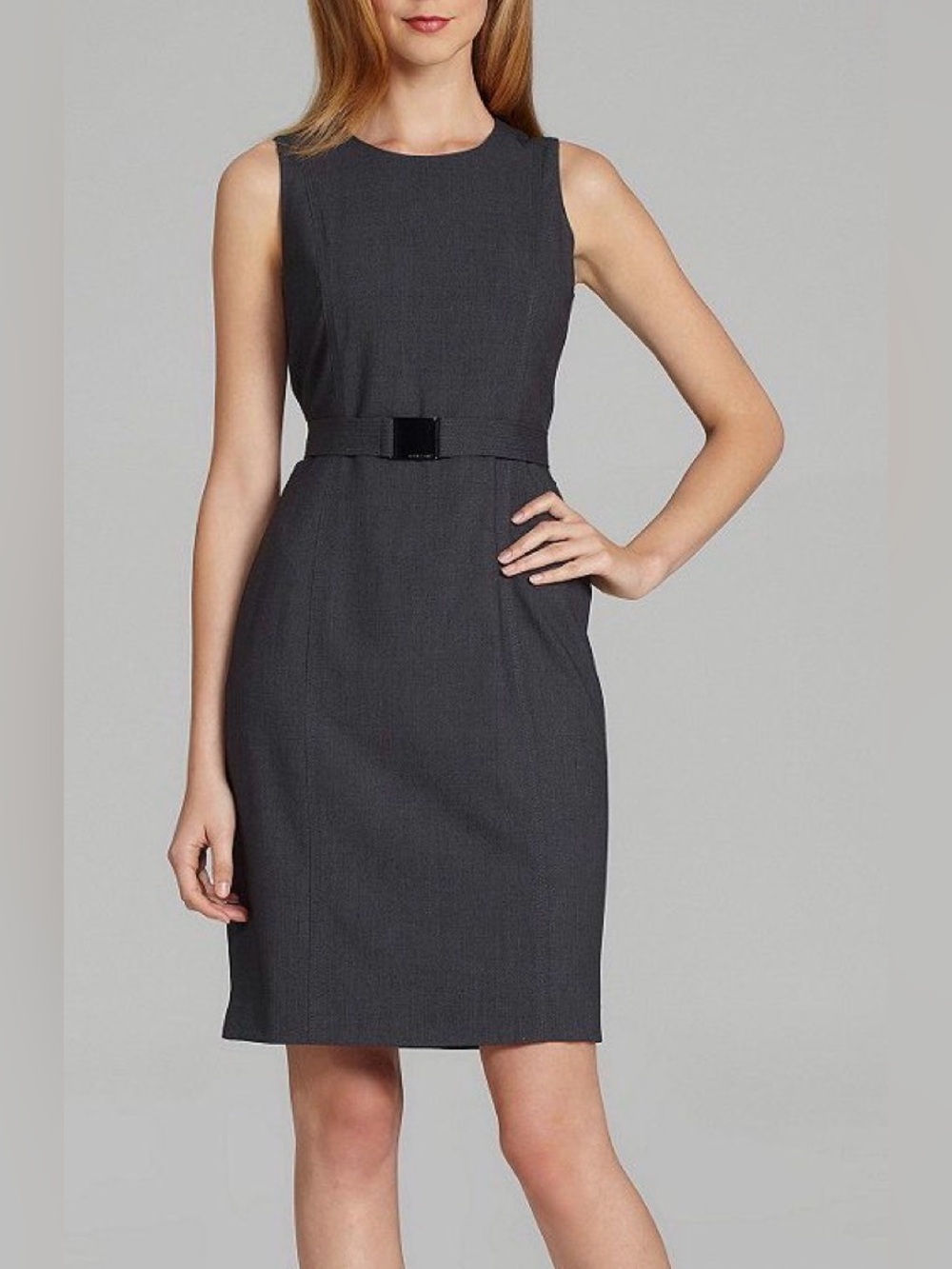 Calvin Klein Sleeveless Belted Sheath Dress Charcoal Grey Size 10 EUC
